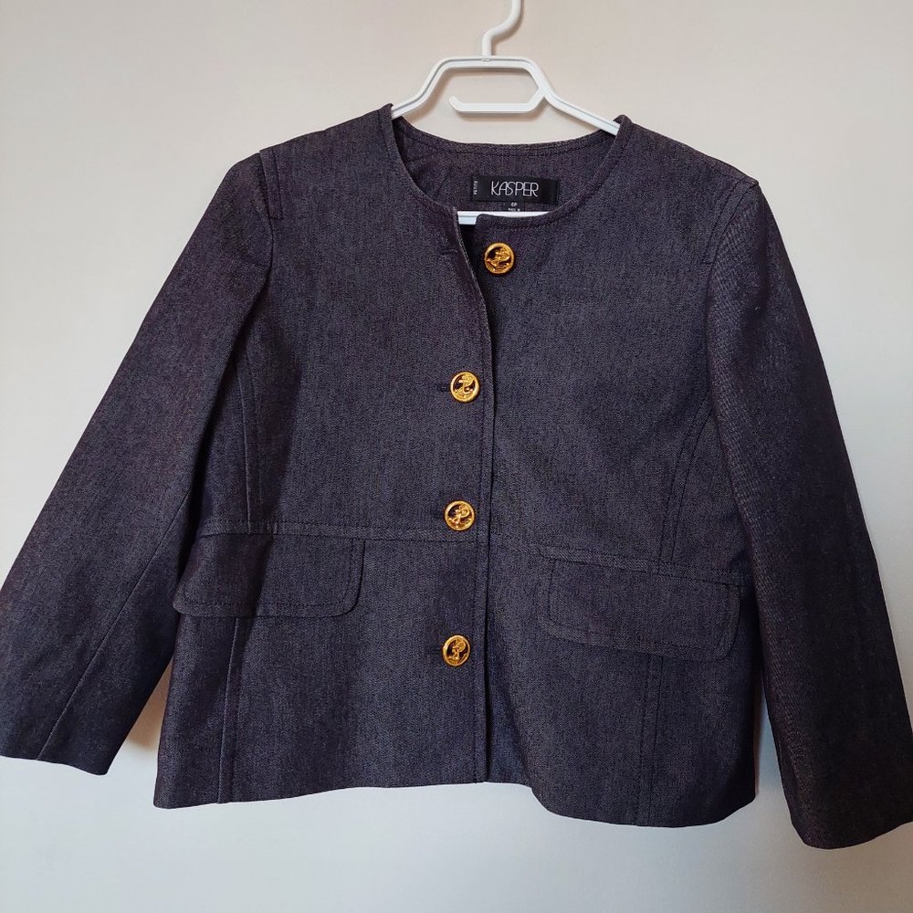 Kasper Dark Grey Cotton Blend Stretchy Jean Gold Anchor Button Blazer (6P)